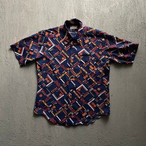 Vintage Geometric Disco Shirt Mens‎ Large Blue 1970s Richman Brothers